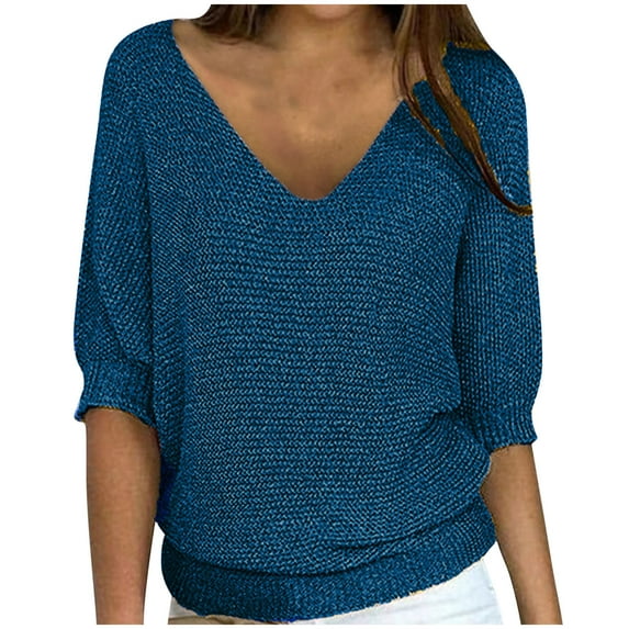 MIUOWANP Women's Casual Knitted Tops Fashion Loose Solid Color V-Neck 3/4 Sleeve Comfortable Top Blue XXL