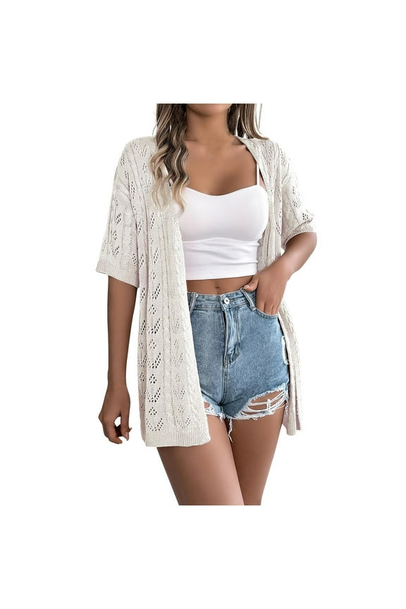 Women's Casual Knitted Tops Fashion Oversize Solid Color Hollow Out Mid Sleeve Cardigan Top Beige S