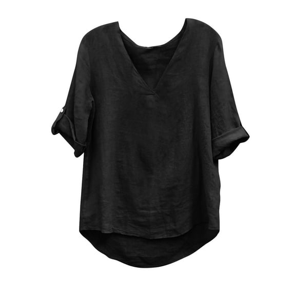 MIUOWANP Women's Casual Linen Tops Summer Solid Color Temperament V-neck Loose Comfy 3/4 Sleeve Top Black L