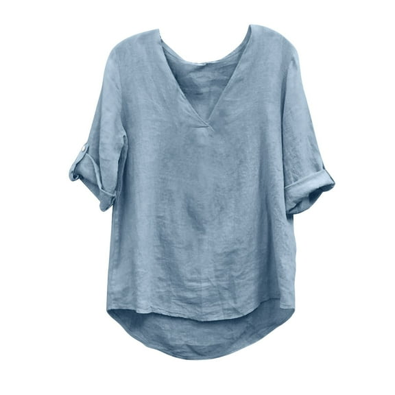 MIUOWANP Women's Casual Linen Tops Summer Solid Color Temperament V-neck Loose Comfy 3/4 Sleeve Top Blue XL