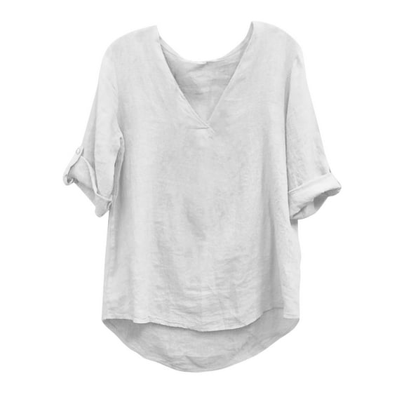 MIUOWANP Women's Casual Linen Tops Summer Solid Color Temperament V-neck Loose Comfy 3/4 Sleeve Top White L