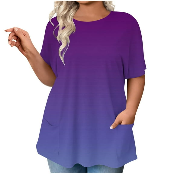 MIUOWANP Women's Casual Plus Size Top Fashion Gradient Color Pullover Short Sleeve Round Neck Pocket Tops Dark Blue XXXXXL