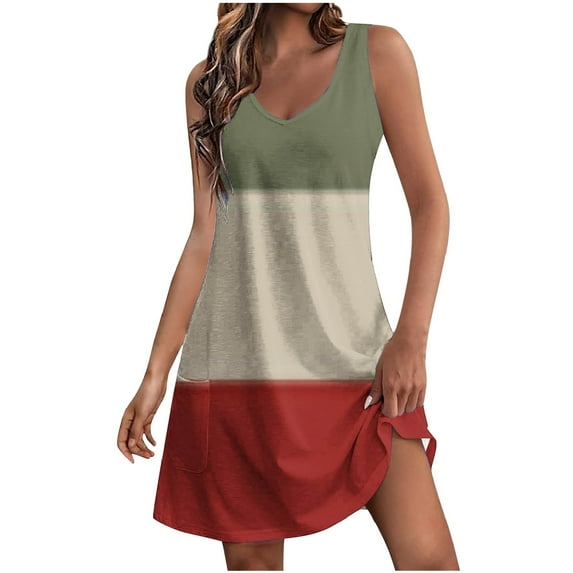 MIUOWANP Women's Casual Printed Sleeve Side Pockets Maxi Dress Summer Color Blocked Sleeveless Long Casual Dress Size L(8)Green