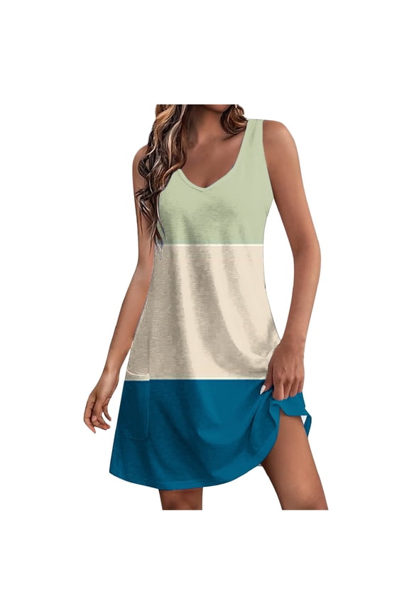 Women's Casual Printed Sleeve Side Pockets Maxi Dress Summer Color Blocked Sleeveless Long Casual Dress Size L(8)Mint Green