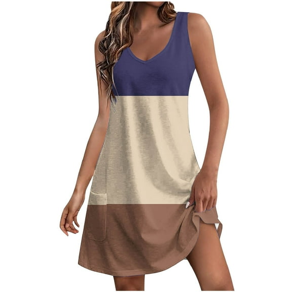 MIUOWANP Women's Casual Printed Sleeve Side Pockets Maxi Dress Summer Color Blocked Sleeveless Long Casual Dress Size XL(10)Navy