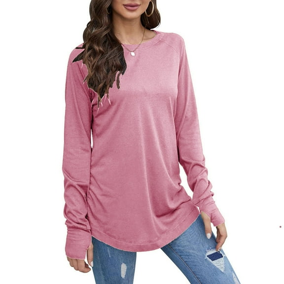 MIUOWANP Women's Casual Round Neck Long Sleeved Top 2024 Popular New Tops on Sale Pink L