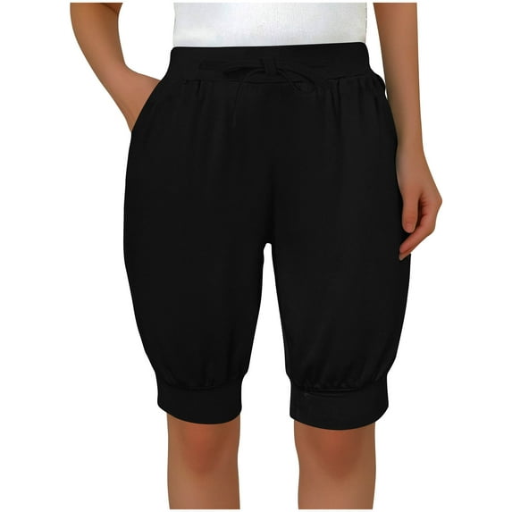 MIUOWANP Women's Casual Shorts Breathable Quick-Drying Relaxed Fit Shorts Solid Color Drawstring Elastic Waist Half Pants Size M(6)Black