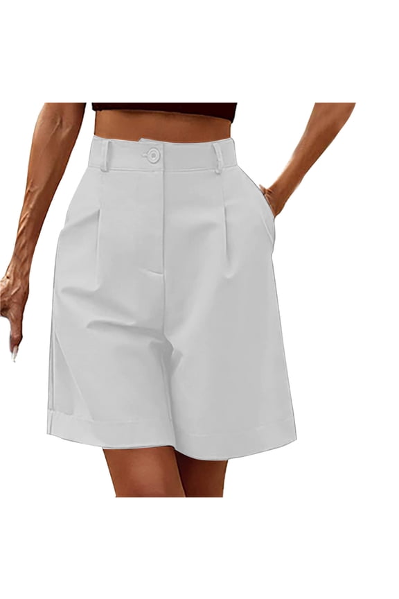 Women's Casual Shorts Button Zipper Solid Color Comfortable Wide Leg Half Pants Size M(6)White