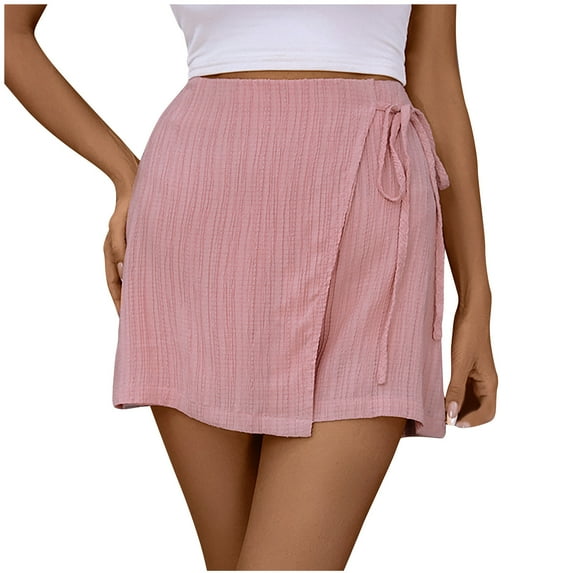 MIUOWANP Women's Casual Shorts High Waisted Drawstring Waist Skort Solid Color Comfortable Casual Shorts Size XL(10)Pink