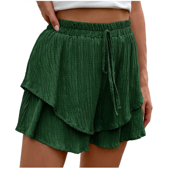MIUOWANP Women's Casual Shorts High Waisted Solid Color Drawstring Waist Ruffled Leg Shorts Lightweight Beach Shorts Size S(4)Army Green