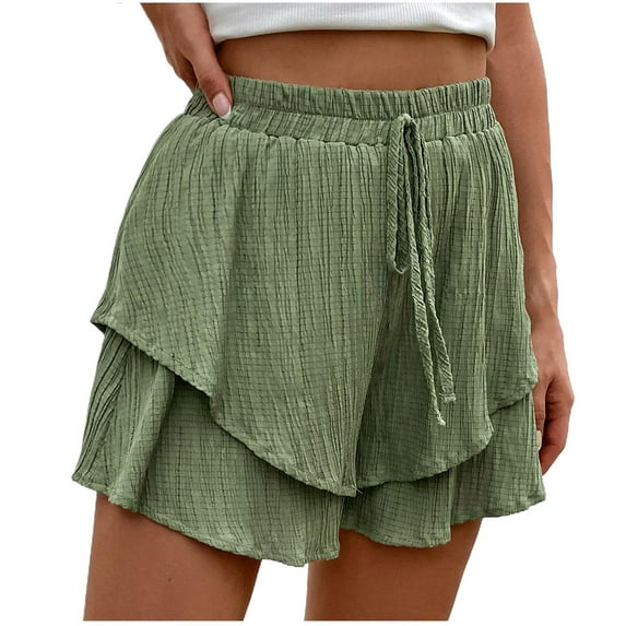 MIUOWANP Women's Casual Shorts High Waisted Solid Color Drawstring Waist Ruffled Leg Shorts Lightweight Beach Shorts Size XL(10)Green