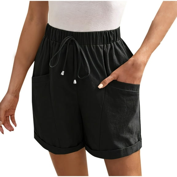 MIUOWANP Women's Casual Shorts High Waisted Solid Color Utility Shorts Drawstring Waist Shorts with Pockets Size S(4)Black