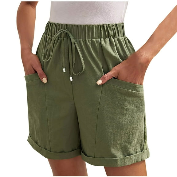 MIUOWANP Women's Casual Shorts High Waisted Solid Color Utility Shorts Drawstring Waist Shorts with Pockets Size XL(10)Army Green