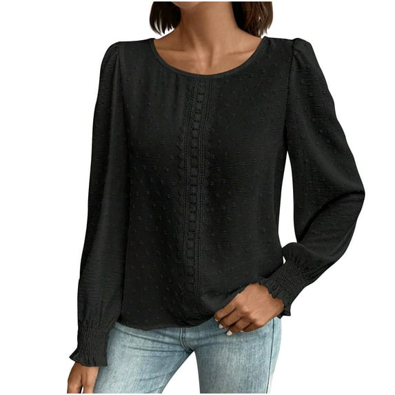 MaFYtyTPR Women's Casual Solid Color Lace Patchwork Long Sleeved Round Neck Top/shirt Easy to Mix and Match Blouses Black XXL
