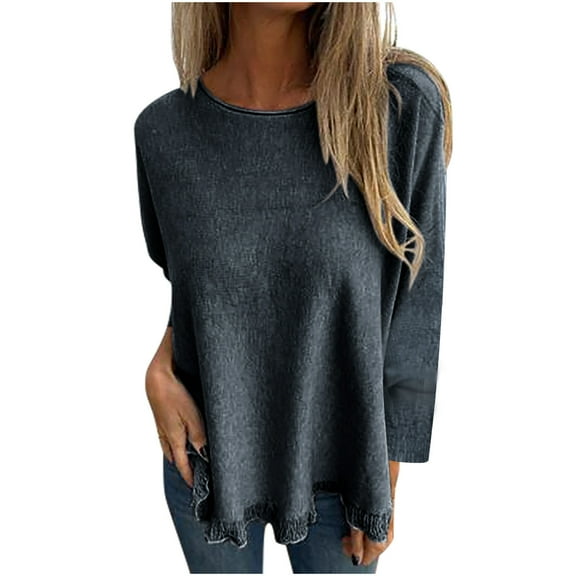 MIUOWANP Women's Casual Sweaters Loose Long-sleeved Lace Tops Knitted Sweaters Bottoming Shirts Round Neck Tops/shirts Black XL