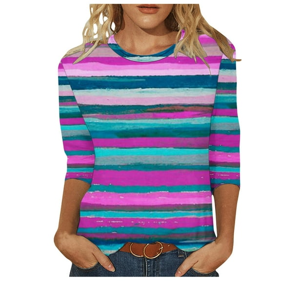 MaFYtyTPR Women's Color Block Round Neck 3/4 Sleeve T-shirt Loose Top New Edition Top Shirt Multicolor S