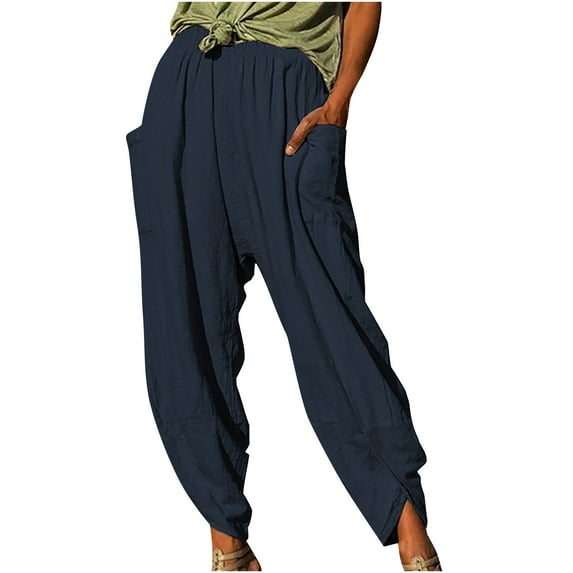 MIUOWANP Women's Cotton And Linen Pants with Pockets Solid Color Elastic Waisted Split Cuffed Wide Leg Trousers Size XL(10)Navy