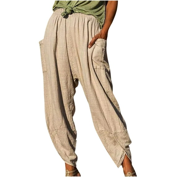 MIUOWANP Women's Cotton And Linen Pants with Pockets Solid Color Elastic Waisted Split Cuffed Wide Leg Trousers Size XXXL(14)Khaki