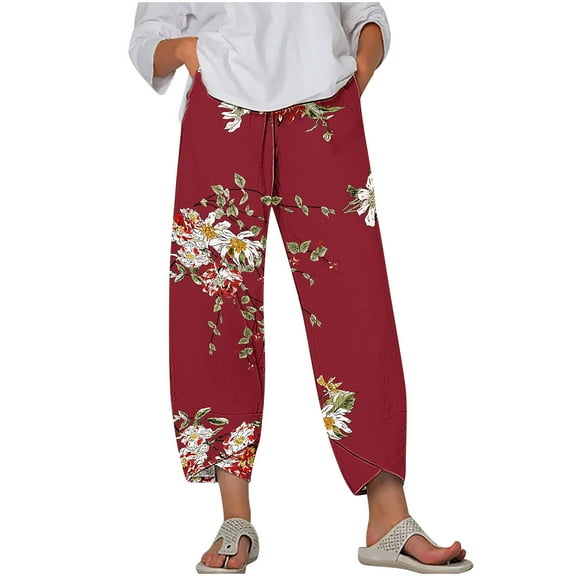 MIUOWANP Women's Cropped Pants Elastic Waist Plus Size Floral Print Breathable Sports Pants Size XXXL(14)Red