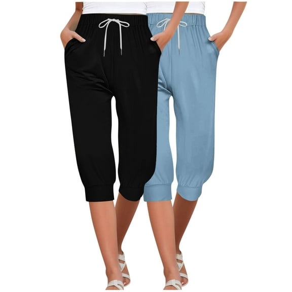 MIUOWANP Women's Cropped Pants Elastic Waist Solid Color Drawstring Pants with Pockets 2-Pack(Black Blue) Size XL(10)