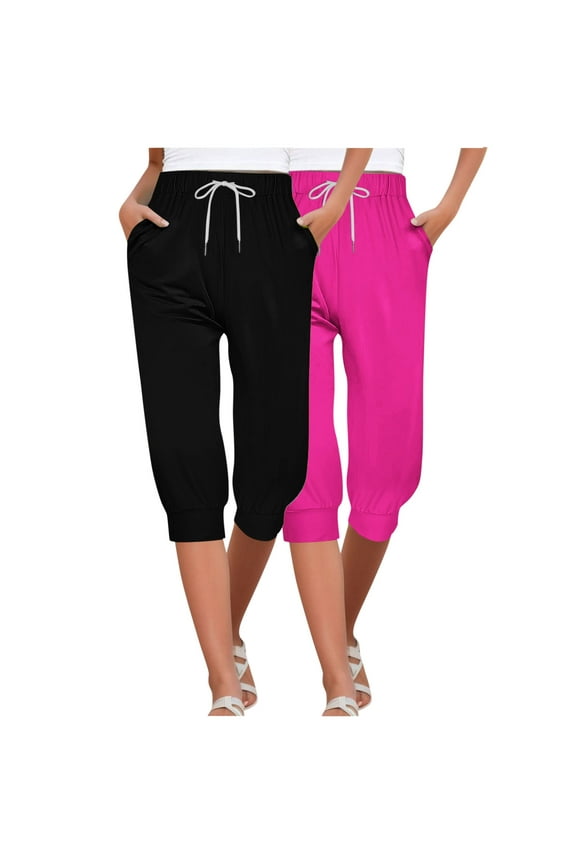 Women's Cropped Pants Elastic Waist Solid Color Drawstring Pants with Pockets 2-Pack(Black+Hot Pink) Size S(4)