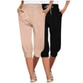 thumbnail image 1 of MIUOWANP Women's Cropped Pants Elastic Waist Solid Color Drawstring Pants with Pockets 2-Pack(Black+Pink) Size XXL(12), 1 of 9