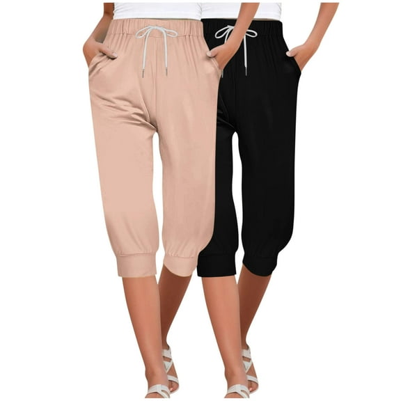 MIUOWANP Women's Cropped Pants Elastic Waist Solid Color Drawstring Pants with Pockets 2-Pack(Black Pink) Size XXL(12)