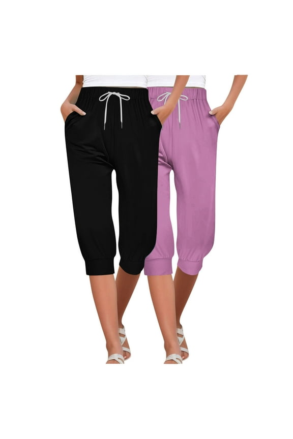 Women's Cropped Pants Elastic Waist Solid Color Drawstring Pants with Pockets 2-Pack(Black+Purple) Size M(6)