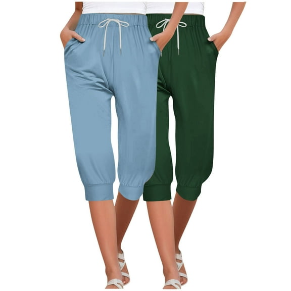 MIUOWANP Women's Cropped Pants Elastic Waist Solid Color Drawstring Pants with Pockets 2-Pack(Blue Green) Size S(4)