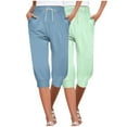 thumbnail image 1 of MIUOWANP Women's Cropped Pants Elastic Waist Solid Color Drawstring Pants with Pockets 2-Pack(Blue+Mint Green) Size M(6), 1 of 9
