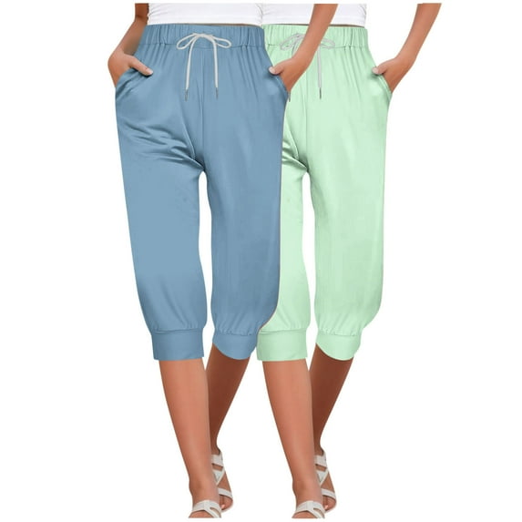 MIUOWANP Women's Cropped Pants Elastic Waist Solid Color Drawstring Pants with Pockets 2-Pack(Blue+Mint Green) Size M(6)