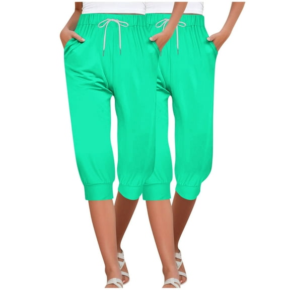 MIUOWANP Women's Cropped Pants Elastic Waist Solid Color Drawstring Pants with Pockets 2-Pack(Green Green) Size XXL(12)