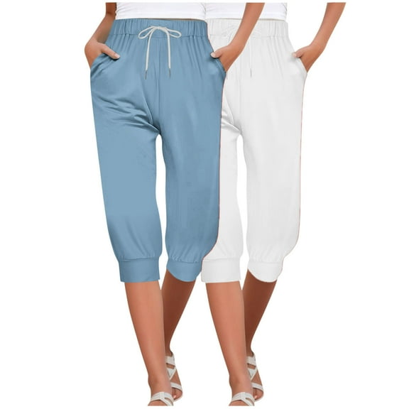 MIUOWANP Women's Cropped Pants Elastic Waist Solid Color Drawstring Pants with Pockets 2-Pack(White Blue) Size L(8)
