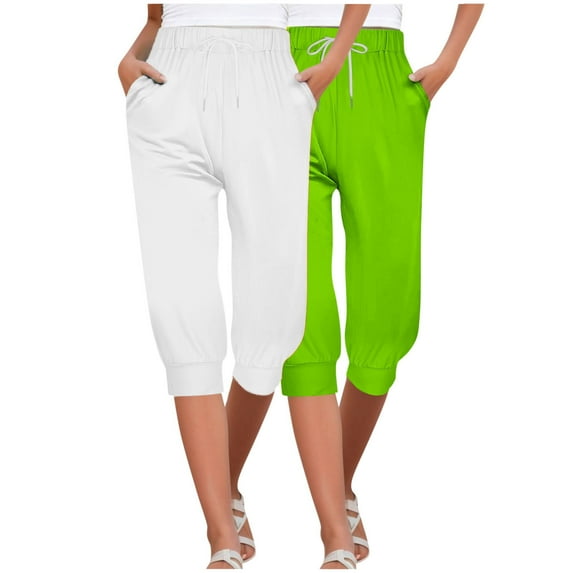 MIUOWANP Women's Cropped Pants Elastic Waist Solid Color Drawstring Pants with Pockets 2-Pack(White+Green) Size XXL(12)