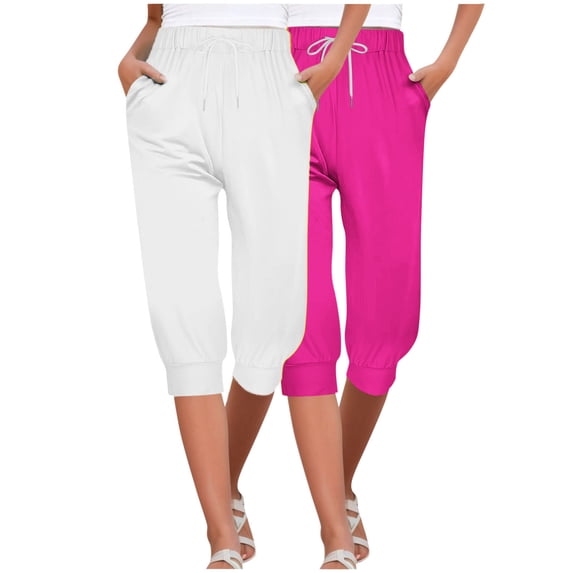 MIUOWANP Women's Cropped Pants Elastic Waist Solid Color Drawstring Pants with Pockets 2-Pack(White+Hot Pink) Size XXL(12)