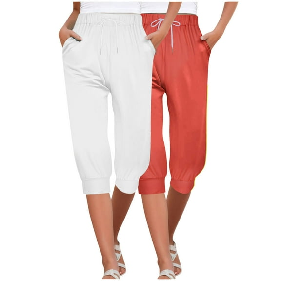 MIUOWANP Women's Cropped Pants Elastic Waist Solid Color Drawstring Pants with Pockets 2-Pack(White Orange) Size M(6)