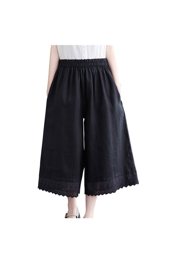 Women's Cropped Pants Elastic Waist Solid Color with Pockets Lace Trouser Cuffs Wide Leg Pants Size L(8)Black