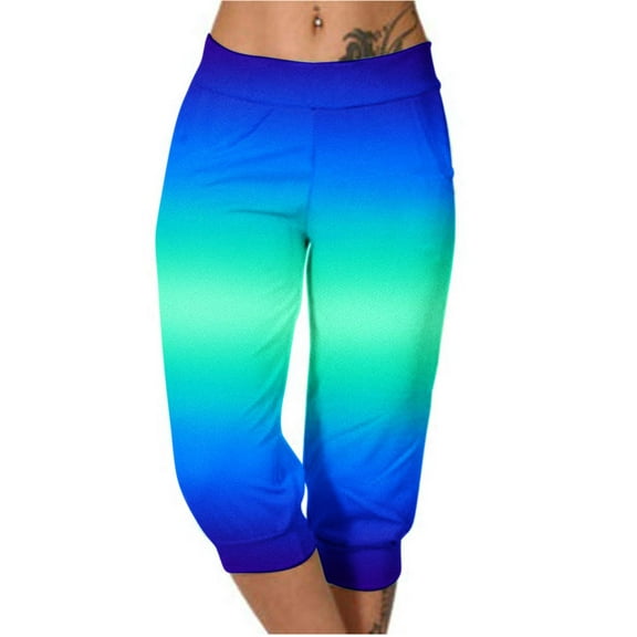 MIUOWANP Women's Cropped Pants Elastic Waist with Pockets Gradient Color Print Comfortable Casual Pants Size M(6)Blue