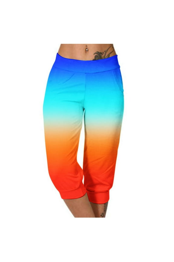 Women's Cropped Pants Elastic Waist with Pockets Gradient Color Print Comfortable Casual Pants Size S(4)Blue