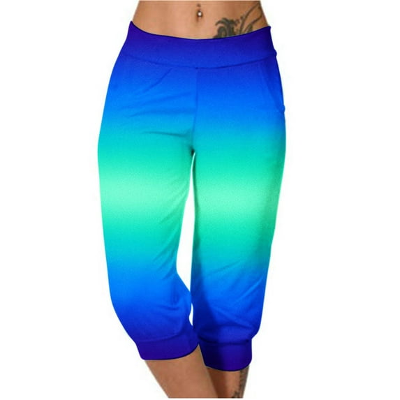 MIUOWANP Women's Cropped Pants Elastic Waist with Pockets Gradient Color Print Comfortable Casual Pants Size XXL(12)Blue