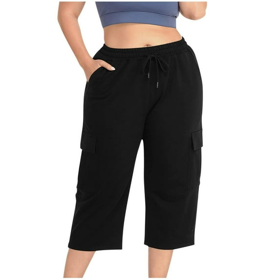 MIUOWANP Women's Cropped Pants Wide Leg Plus Size Drawstring Elastic Waist Solid Color Durable Cargo Pants Size XXXXL(16)Black