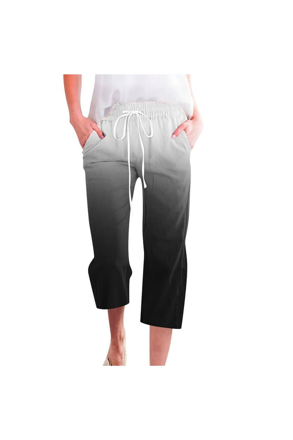 Women's Drawstring Elastic Waist Trousers with Pockets and Printed Wide Leg Straight Leg Cropped Pants