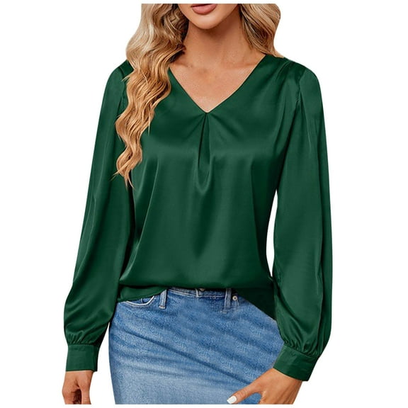 MIUOWANP Women's Dressy Casual Blouses Solid Color Button Cuff Long Sleeves V-neck Top Size L(8)Army Green