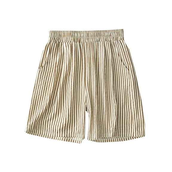 MIUOWANP Women's Elastic Waist Shorts Cotton High Waisted and Wide Legged Striped Print Shorts Size L(8)Khaki