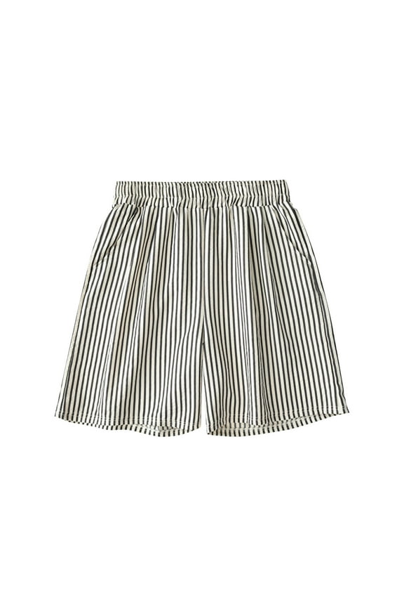 Women's Elastic Waist Shorts Cotton High Waisted and Wide Legged Striped Print Shorts Size M(6)Black