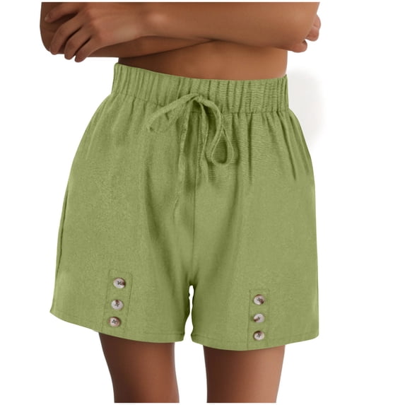 MIUOWANP Women's Elastic Waist Shorts Drawstring Waist Fake Buttons Straight Leg Shorts Solid Color Breathable Shorts Size L(8)Green
