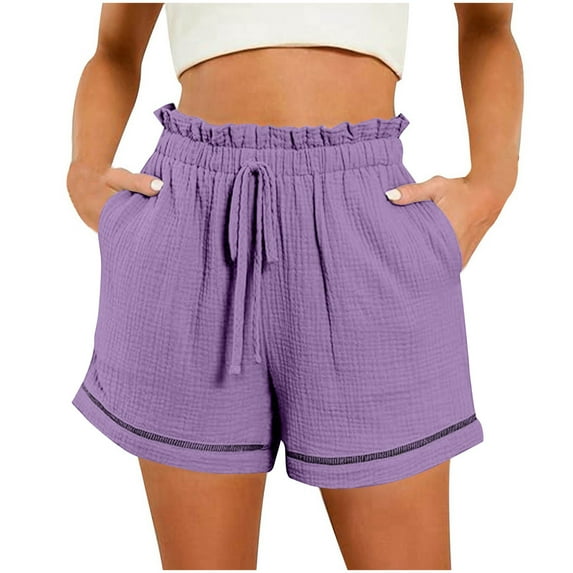 MIUOWANP Women's Elastic Waist Shorts Lace Waist Circumference Drawstring Waist Shorts Pleated Straight Leg Shorts Size XXL(12)Purple