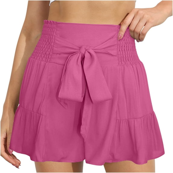MIUOWANP Women's Elastic Waist Shorts Pleated Drawstring Waist Shorts Solid Color Relaxed Fit Shorts Size L(8)Hot Pink