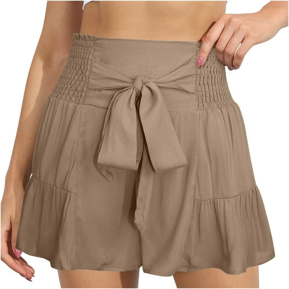 MIUOWANP Women's Elastic Waist Shorts Pleated Drawstring Waist Shorts Solid Color Relaxed Fit Shorts Size XL(10)Khaki
