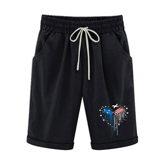 MIUOWANP Women's Elastic Waist Shorts with Pockets Independence Day Print Drawstring Waist High Waisted Wide Leg Straight Leg Half Pants Size M(6)Black